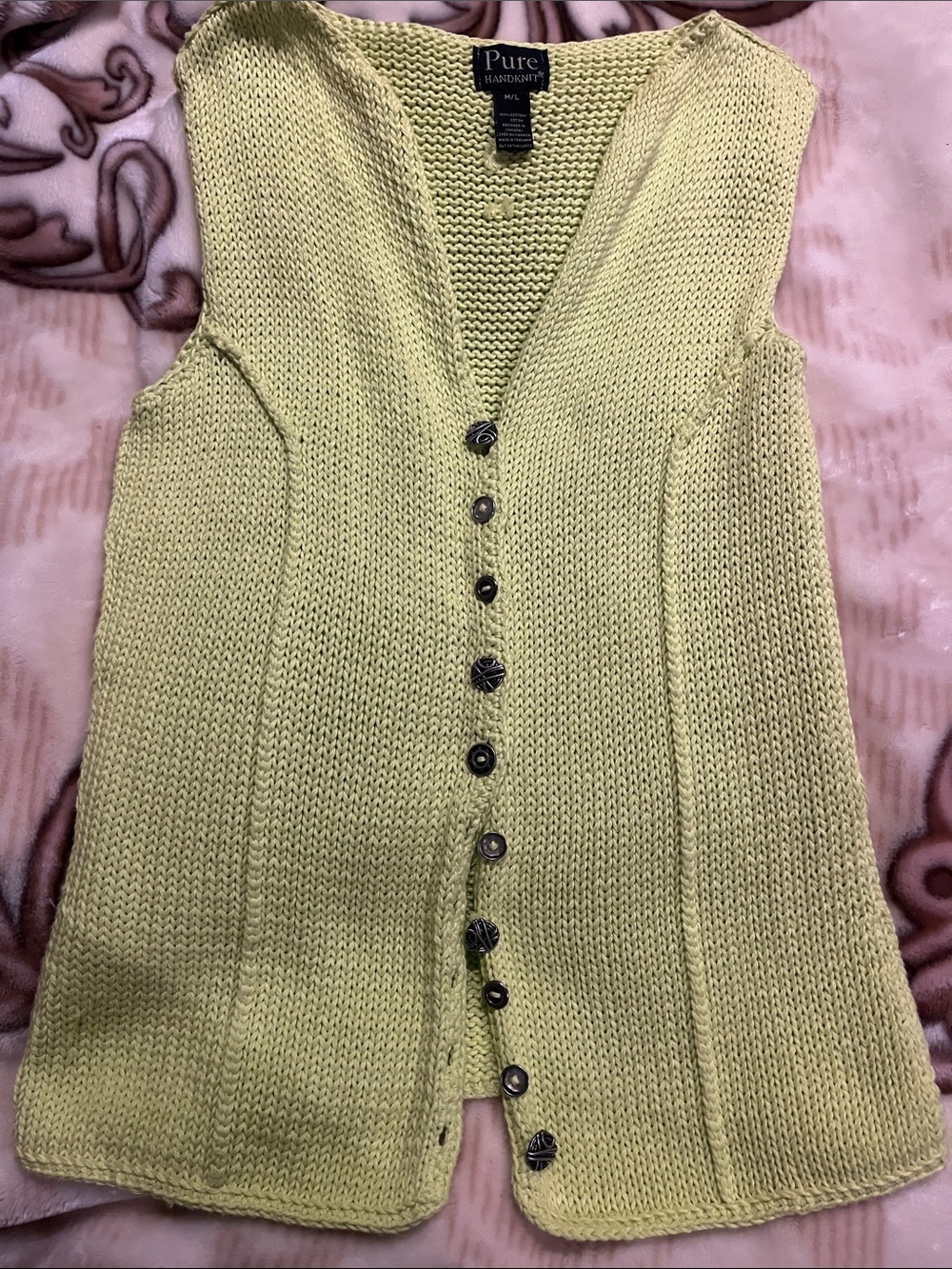 Pure Handknit Lemon-Green Sleeveless Button Cardigan Vest